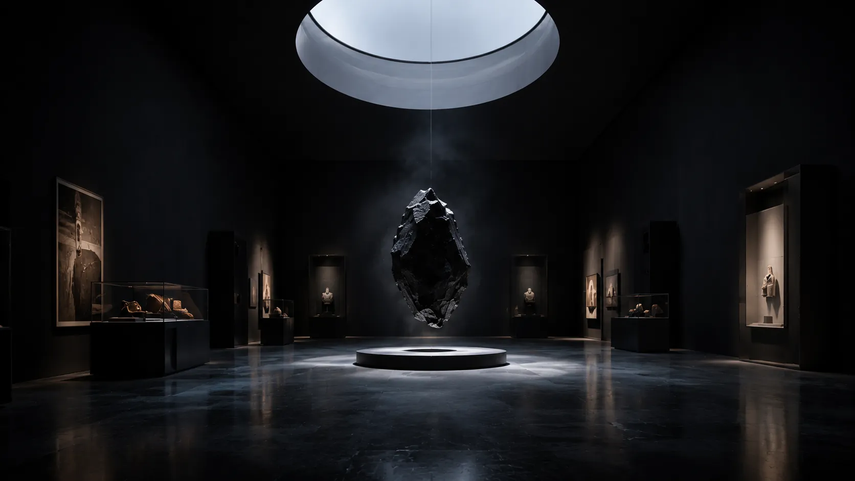 Floating display installation inside a museum-like environment