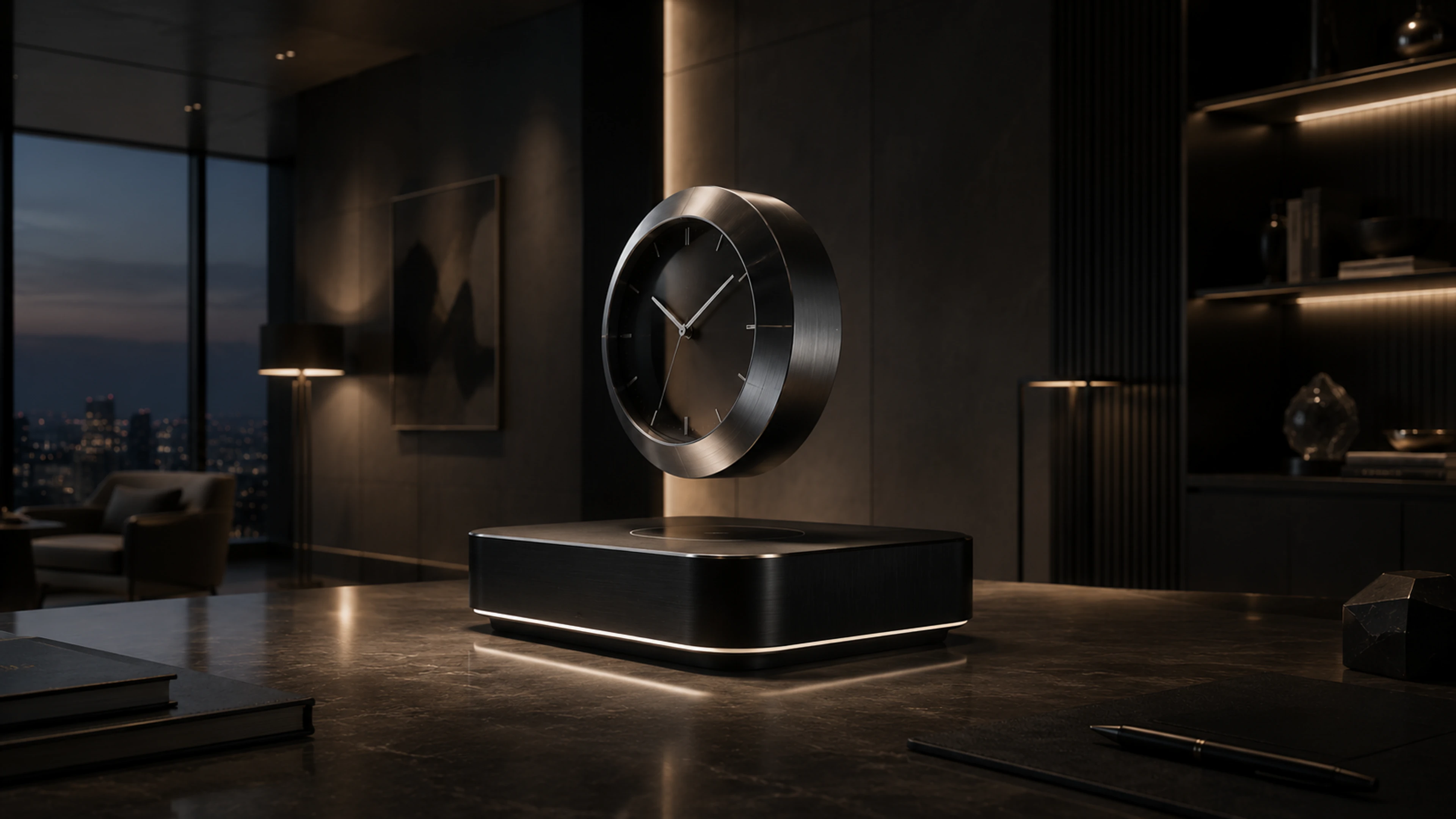 Levitating clock product concept in a dark premium display setting for desks, receptions, and gifting