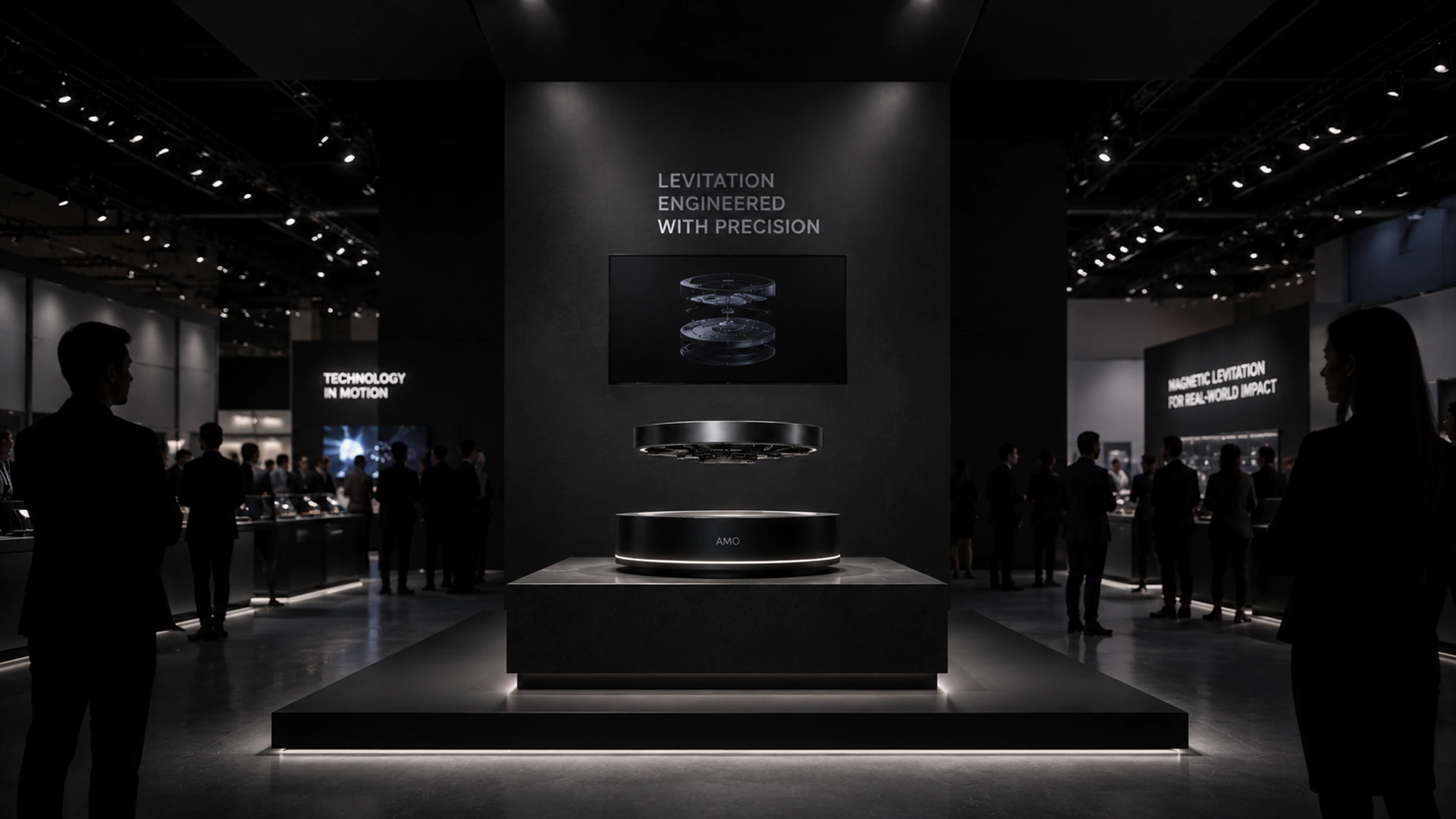 Exhibition booth display using controlled levitation to highlight a hero product in a trade show setting