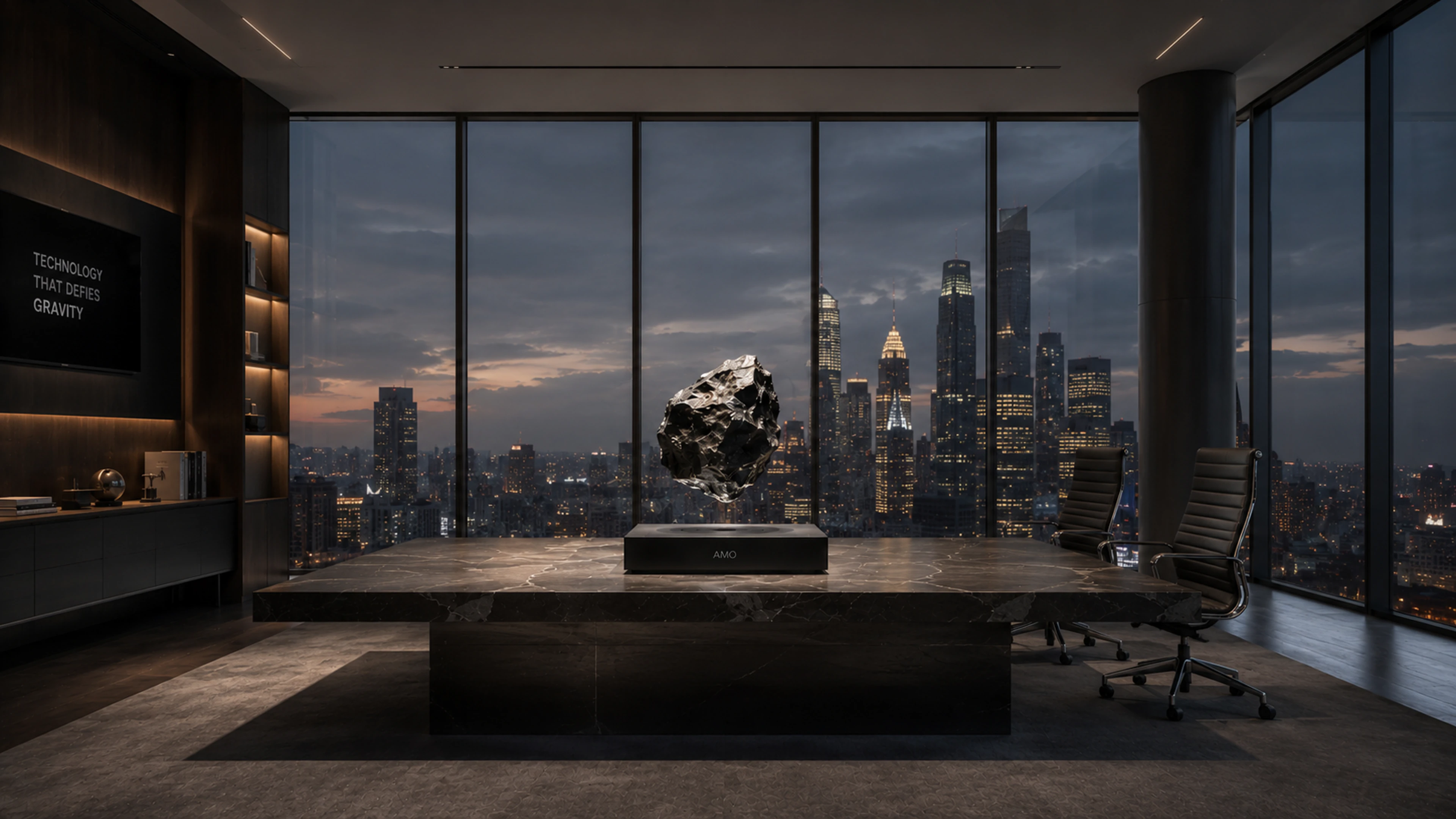 Executive office environment featuring a floating display object for technology-led brand presence