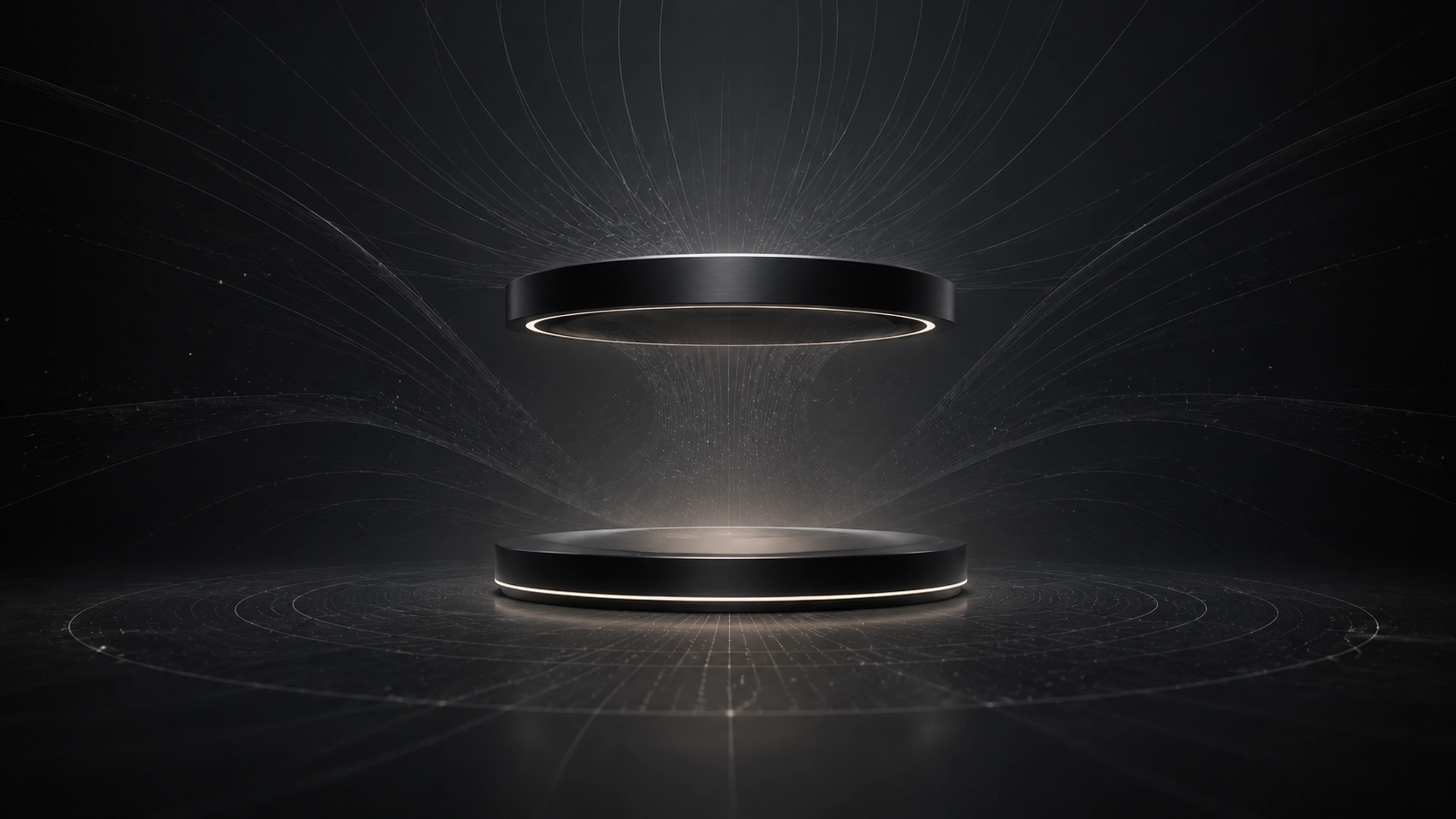 Magnetic levitation technology scene showing a floating object in a dark precision-engineered environment