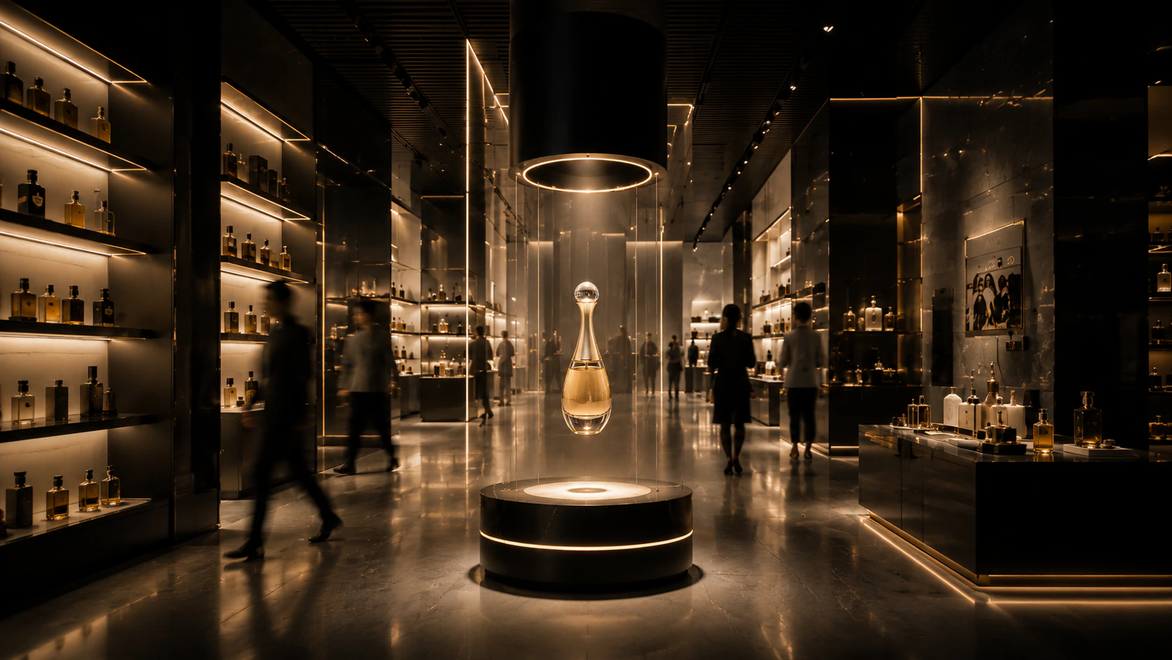 Retail store environment with a floating hero product installation