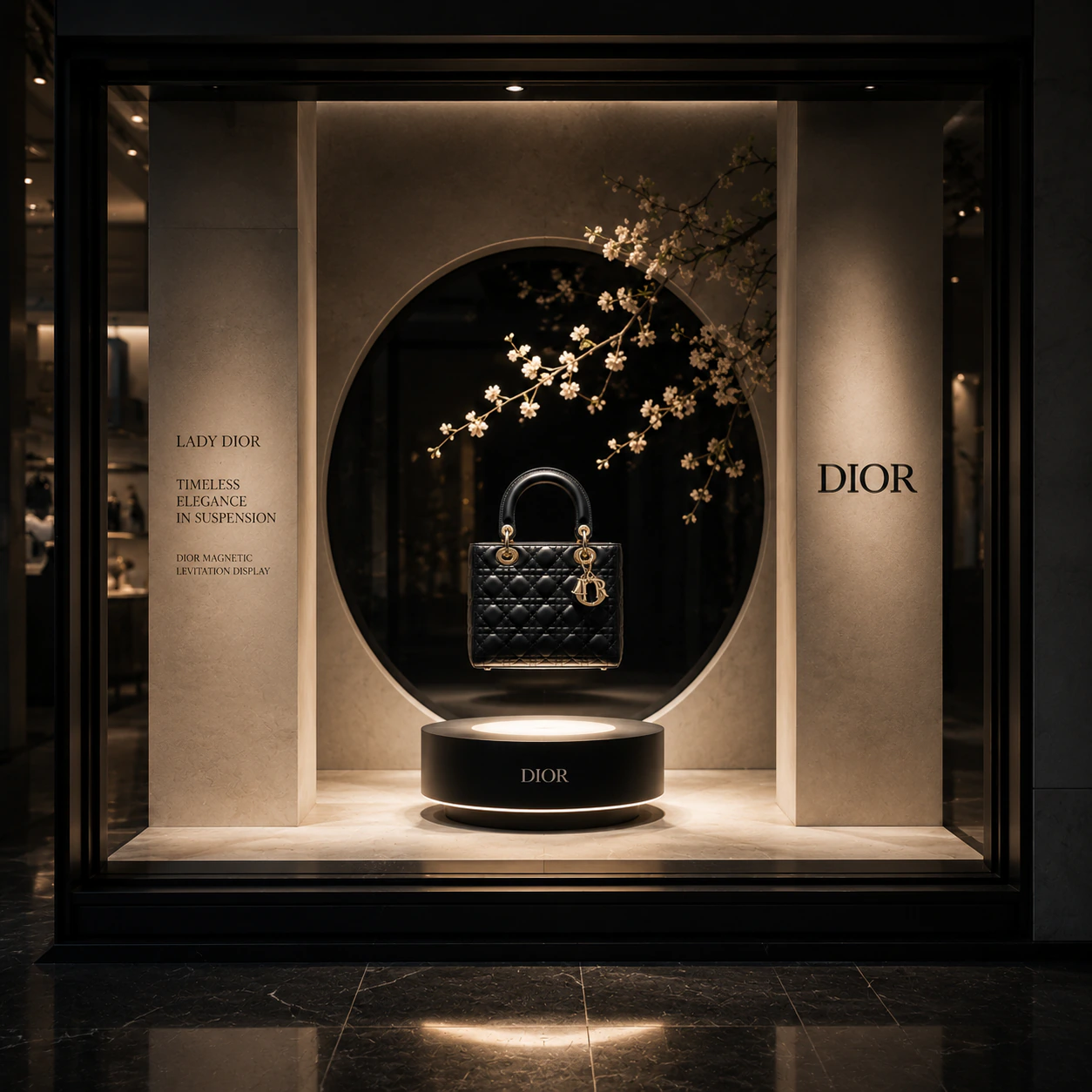 Luxury retail display featuring a levitating product centerpiece