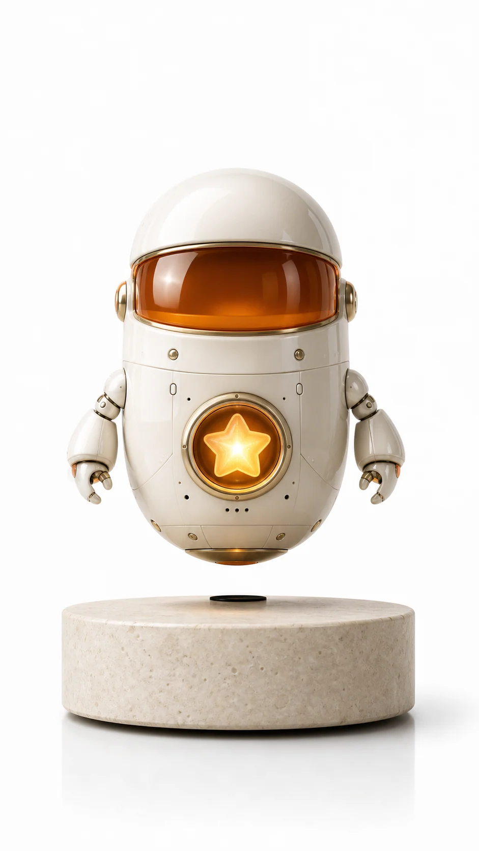 Ivory astronaut levitating collectible with an amber visor and glowing star chest on a stone base