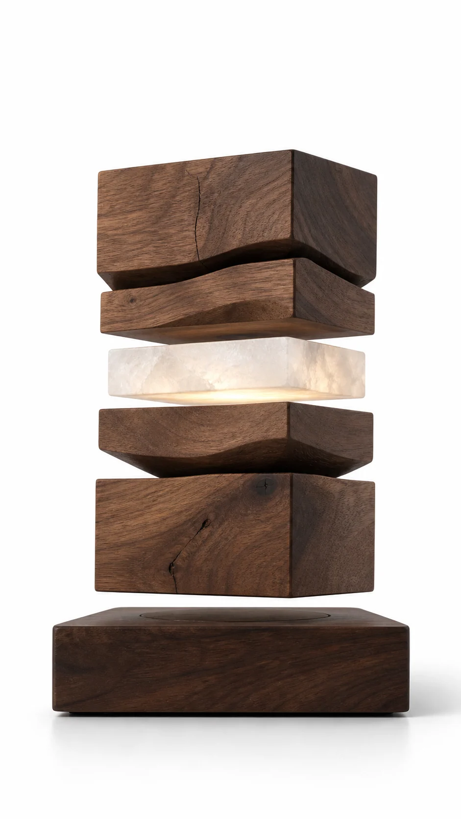 Stacked walnut-look levitating sculpture with a glowing stone-like center above a square wood base