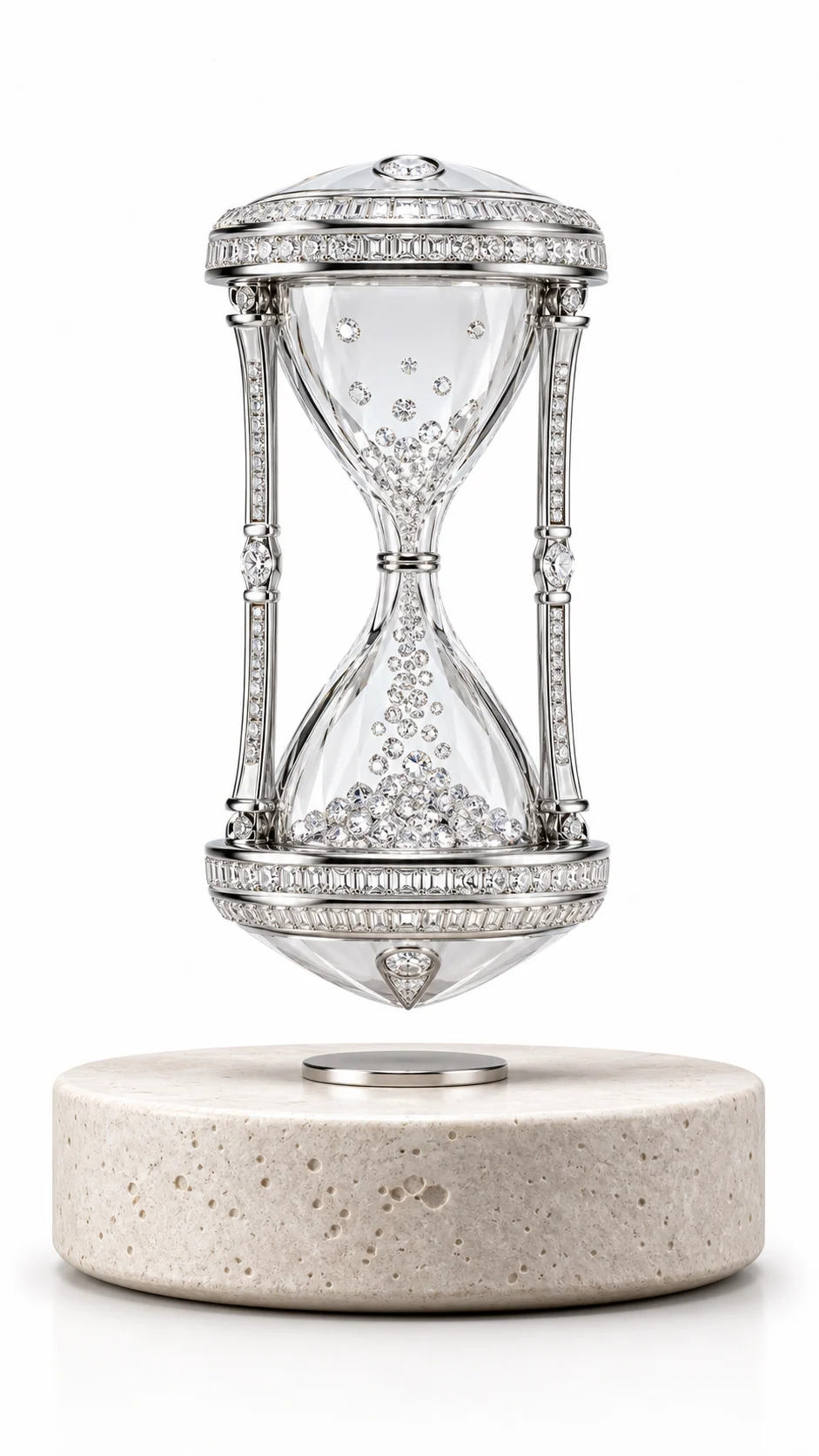 Silver levitating hourglass display with a crystal-filled clear chamber on a stone base