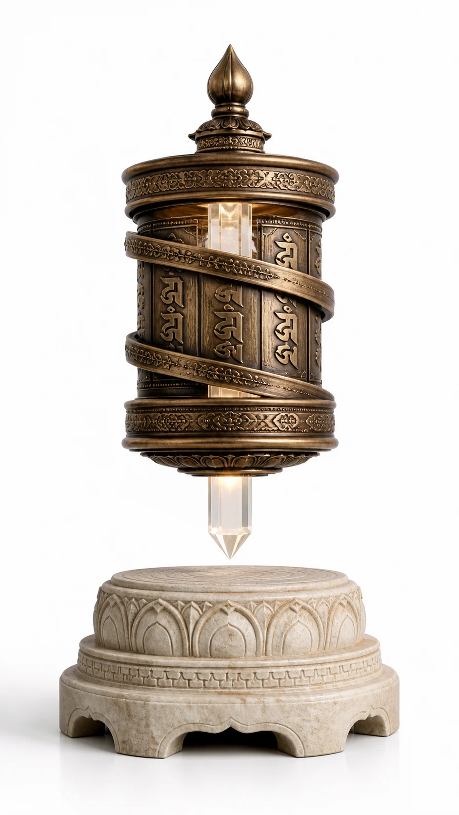 Bronze ritual spindle levitating above a carved stone base with a crystal-like vertical core