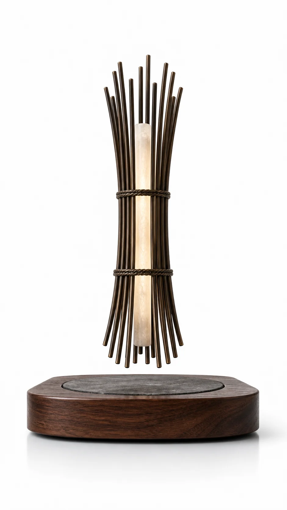 Bronze reed levitating lamp with a glowing central cylinder and walnut-look base
