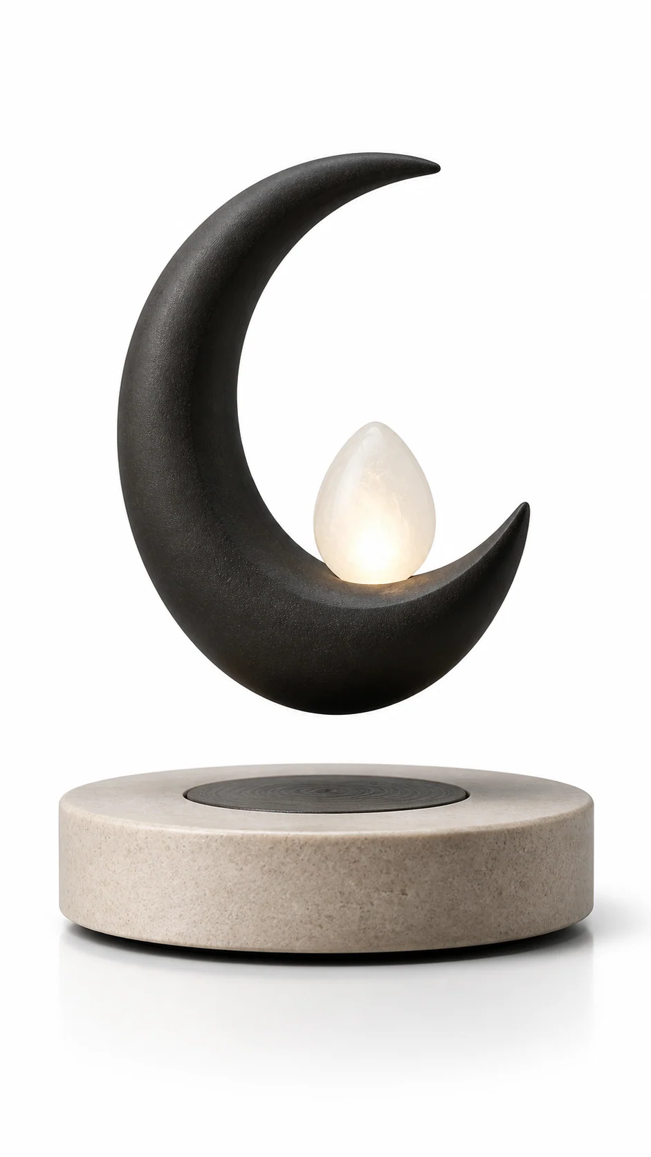 Black crescent levitating lamp with a glowing egg-shaped core on a pale stone base