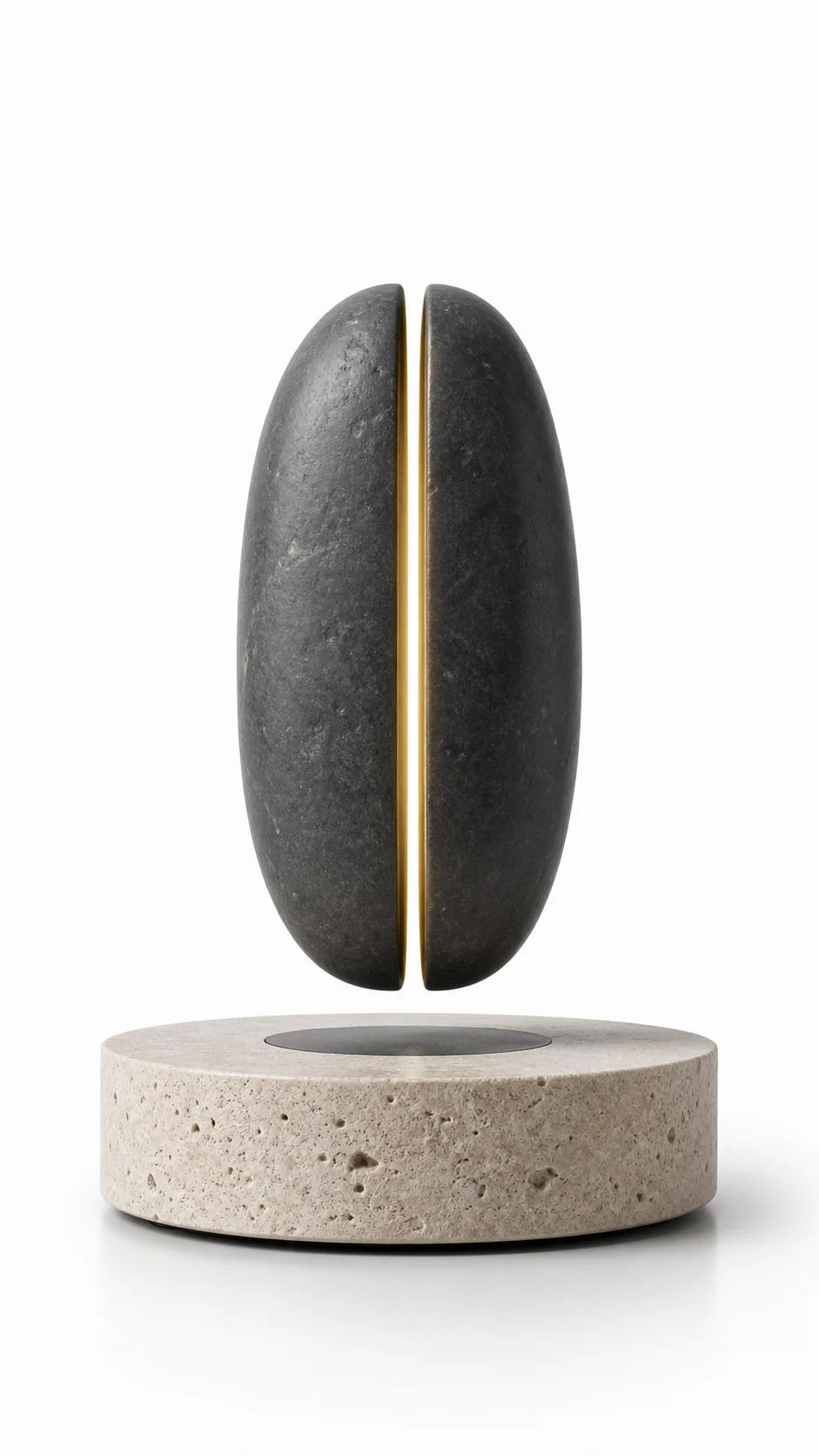 Dark stone-look levitating lamp split by a warm illuminated seam above a pale stone base