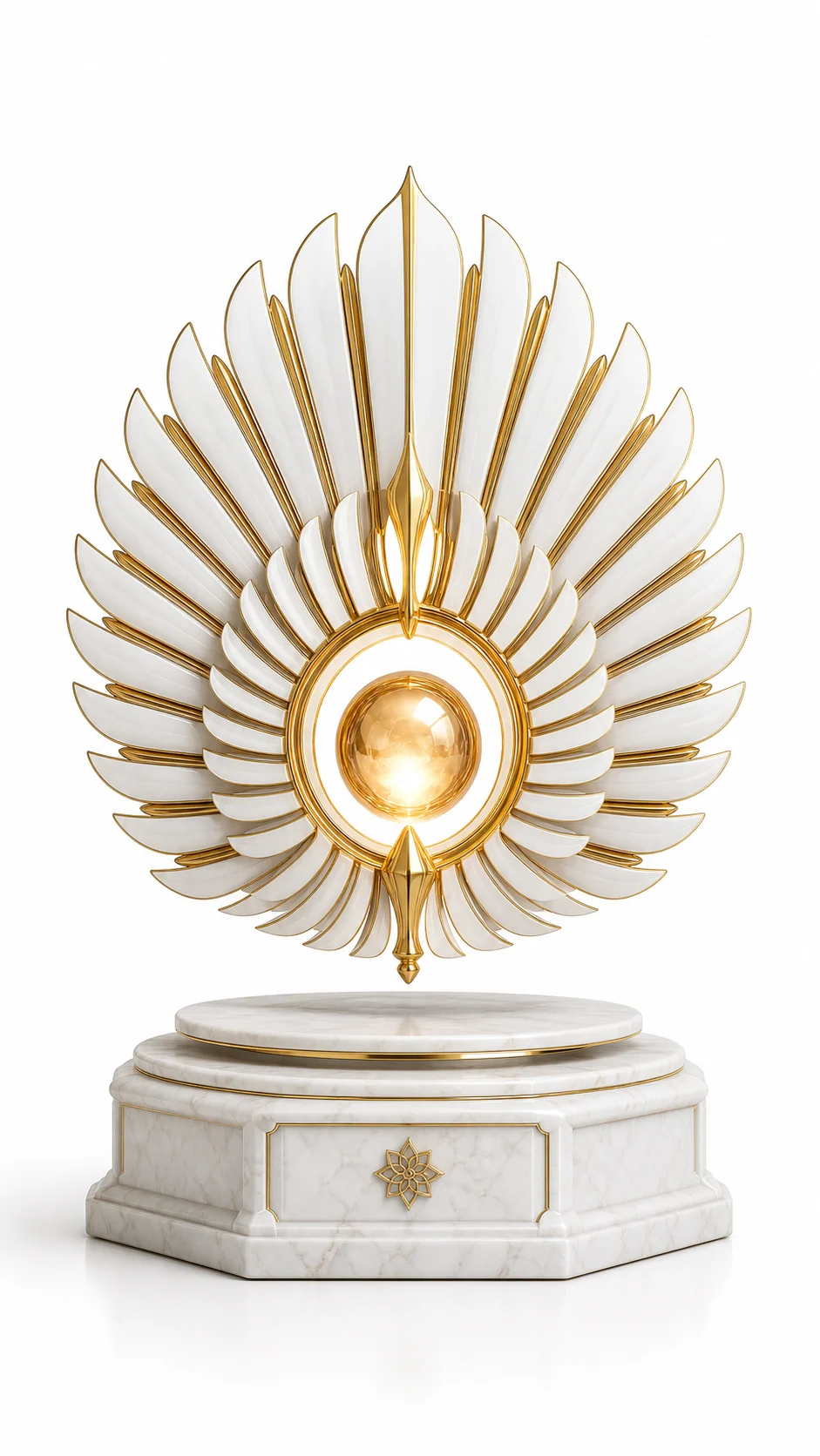 Gold and white radiant levitating display sculpture with illuminated center on a marble base