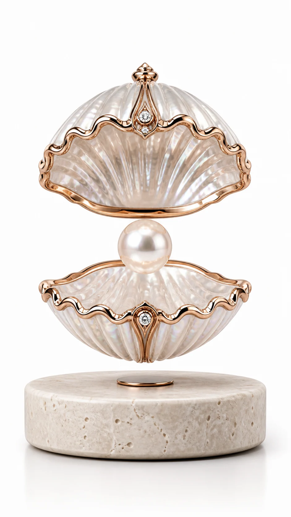 Open shell levitating gift display with a pearl center and rose-gold trim on a stone base