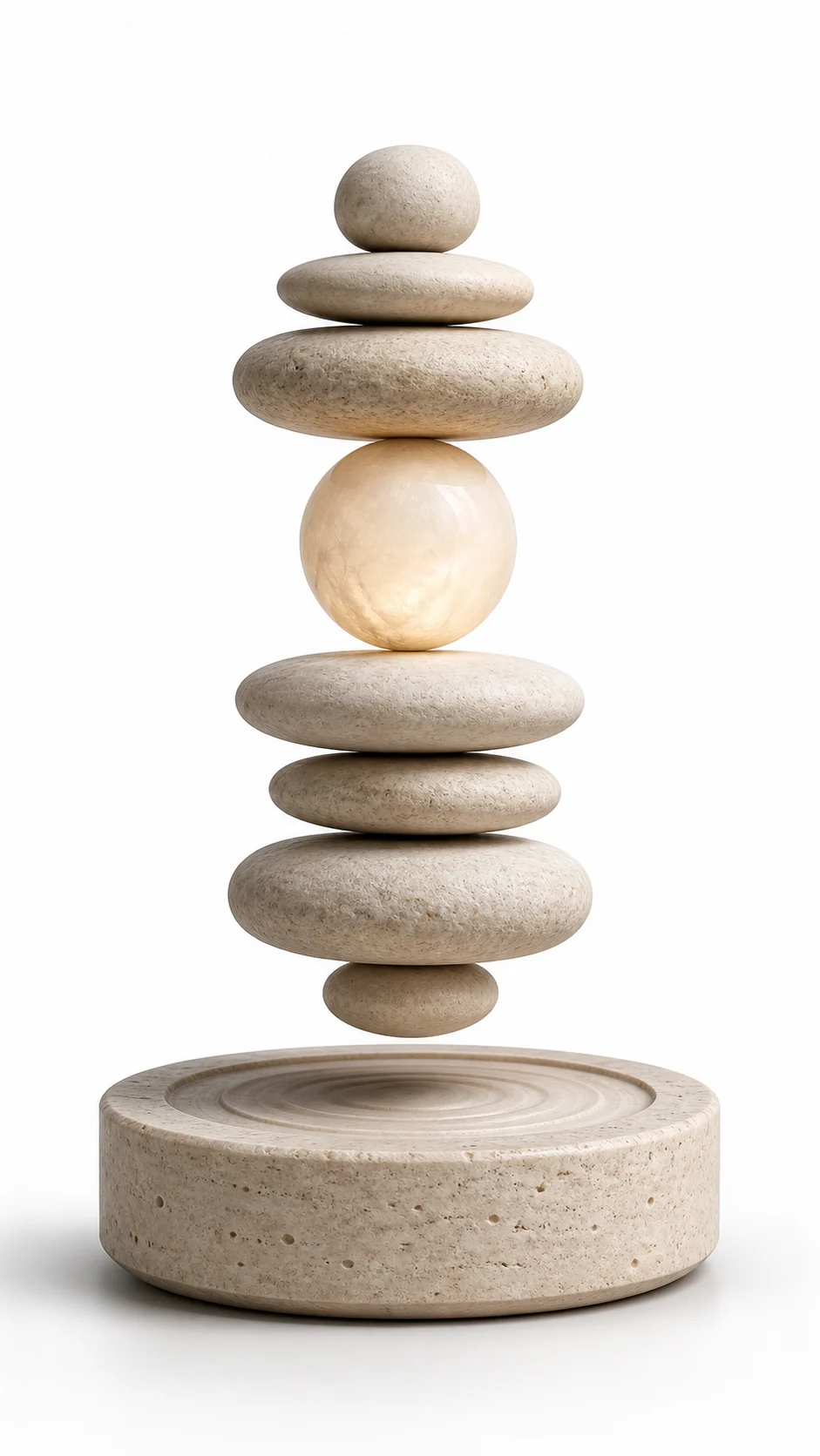 Zen stone stack levitating sculpture with a glowing center sphere above a circular stone base