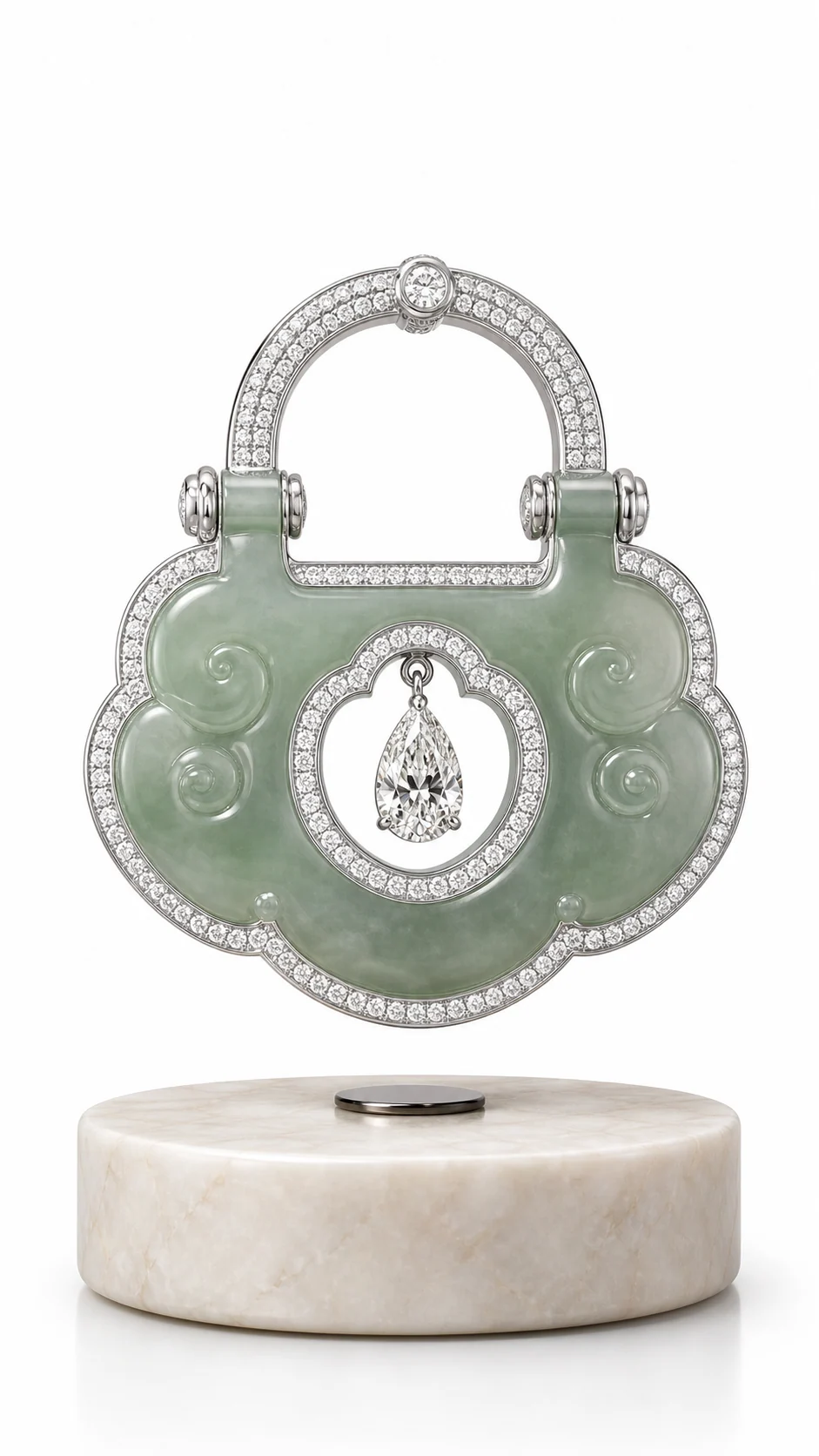 Celadon lock-shaped levitating charm display with crystal edging and hanging drop centerpiece