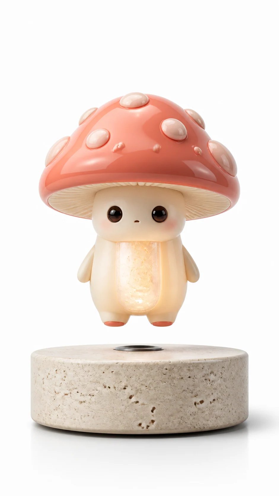 Cute mushroom character levitating lamp with a glowing center on a stone base