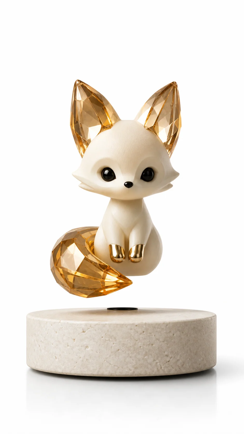 Ivory fox levitating collectible with amber crystal ears and tail above a stone-look base