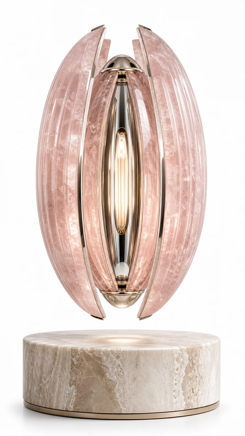 AMO Quartz Capsule Lamp with rose-toned crystal panels and a warm illuminated center above a light stone base
