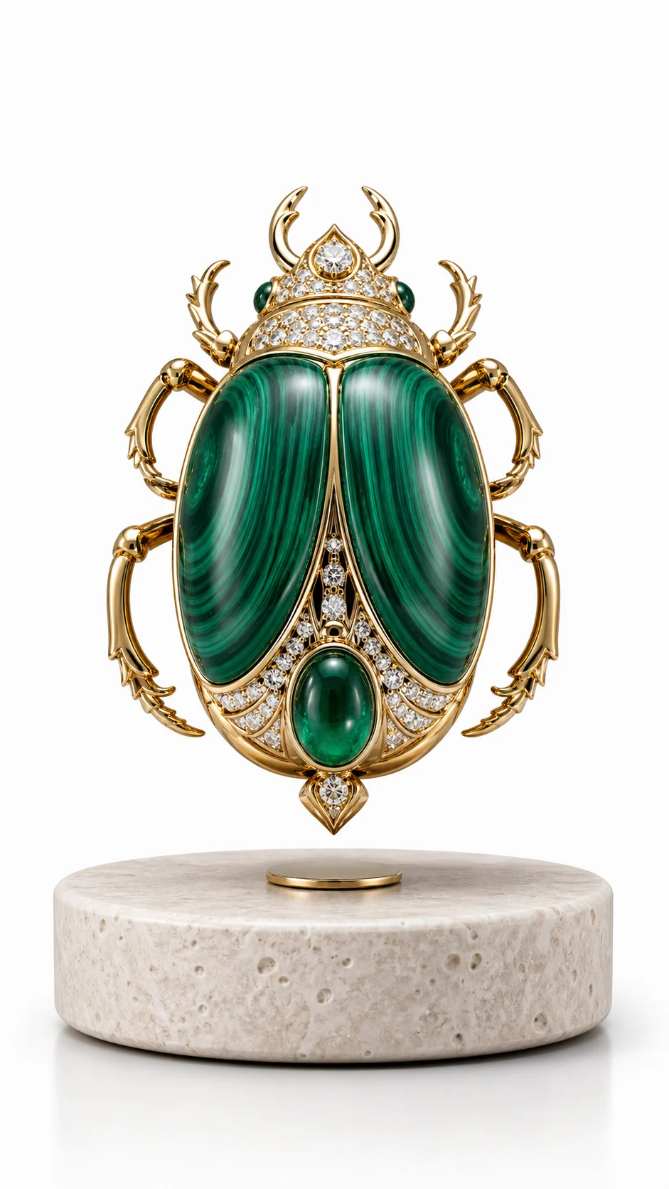 Gold and green scarab levitating collectible with malachite-like wings on a pale stone base