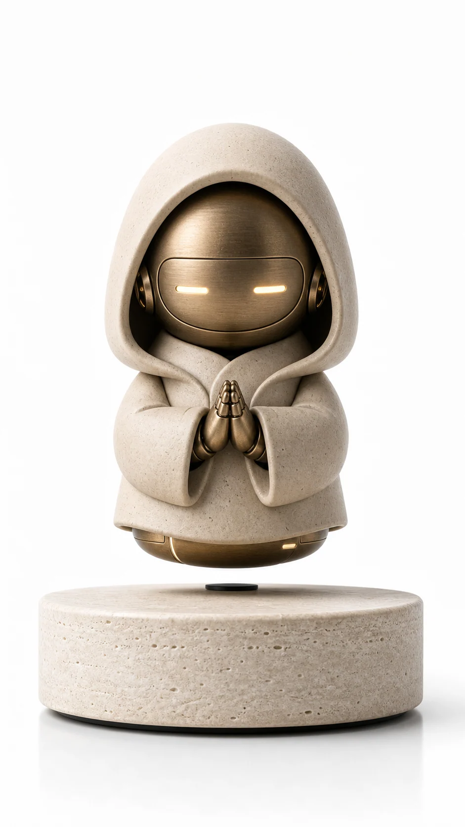 Hooded robotic levitating collectible with bronze face and ivory robe on a stone base