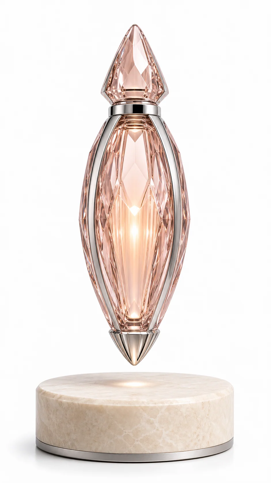 AMO Rose Spire Lamp with a rose faceted crystal body and warm glowing center above a light stone base