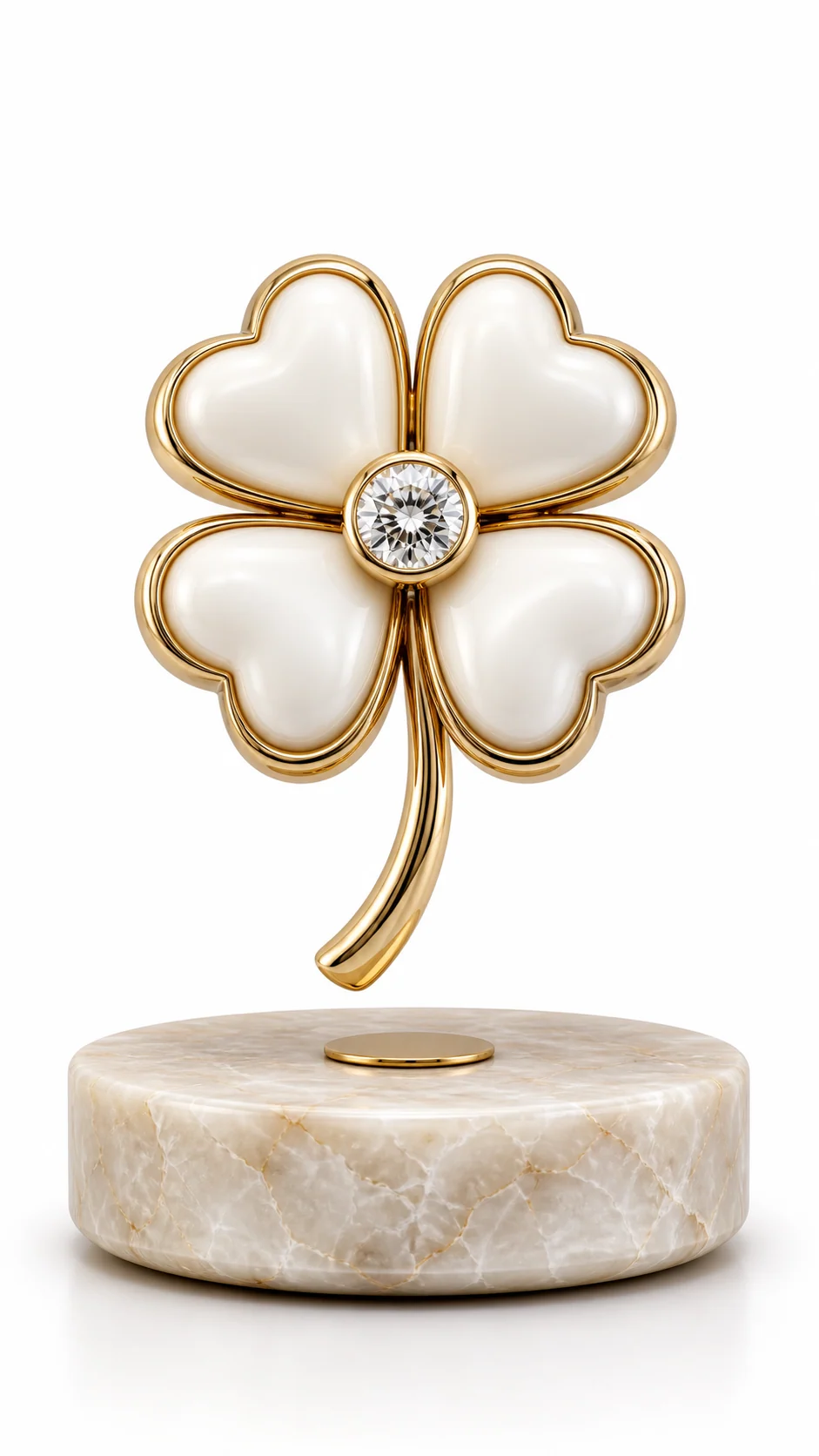 Gold clover levitating display with pearl-white fill and crystal center on a stone base