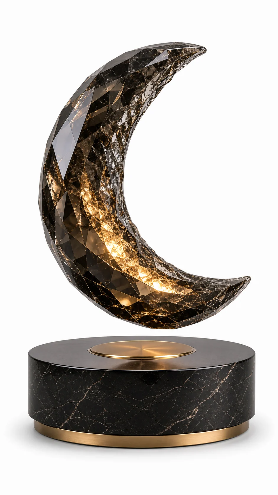 Dark faceted crescent levitating lamp with a warm inner glow on a black marble-look base