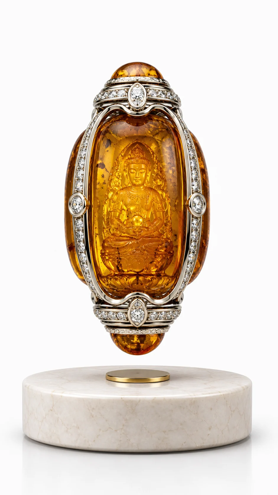 Amber-toned levitating reliquary capsule with a seated figure centerpiece on a marble-look base