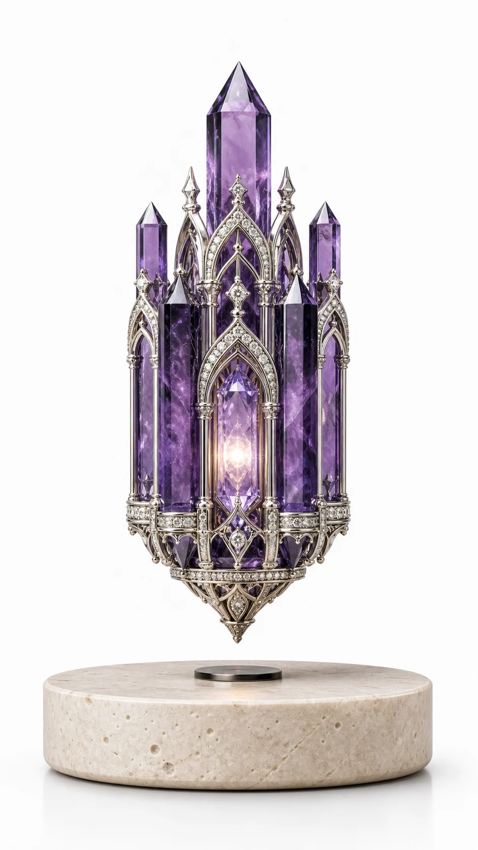 Purple crystal cathedral-like levitating sculpture with silver framework on a stone base
