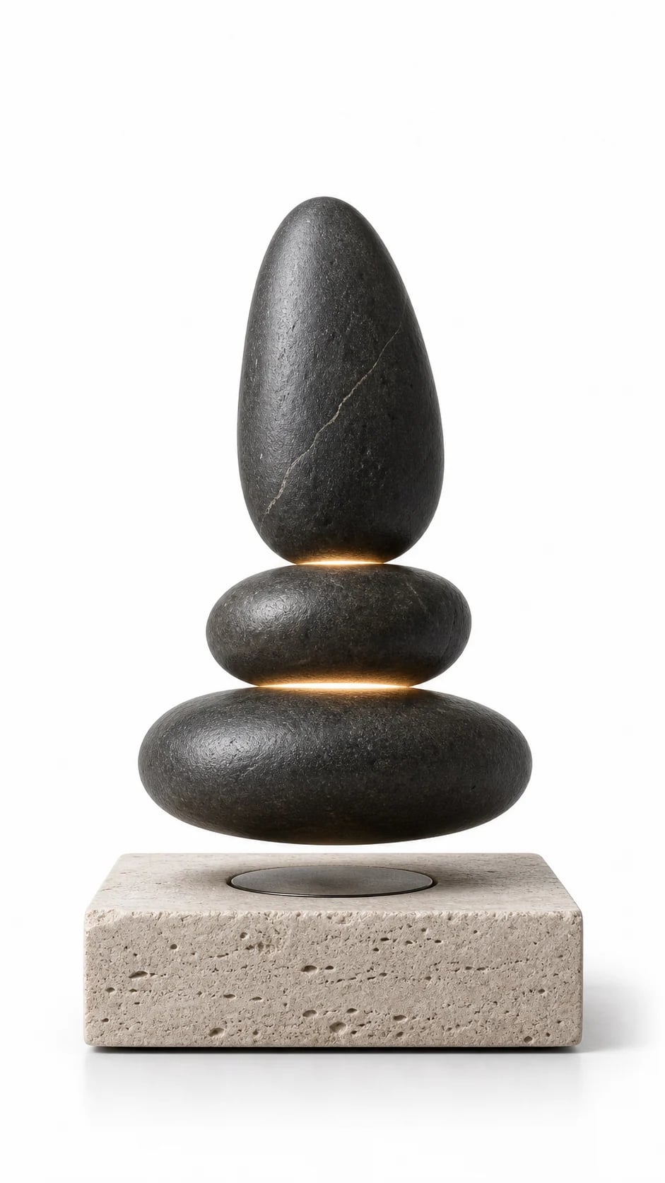 Stacked black stone levitating lamp with warm light seams above a rectangular stone base