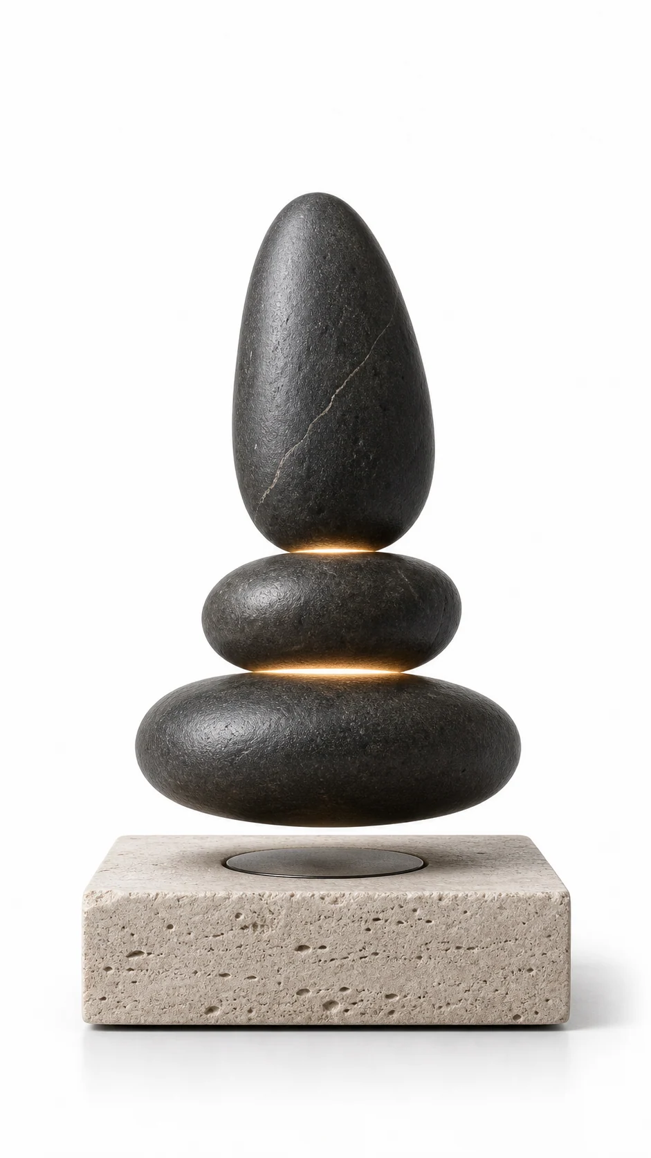 Stacked black stone levitating lamp with warm light seams above a rectangular stone base