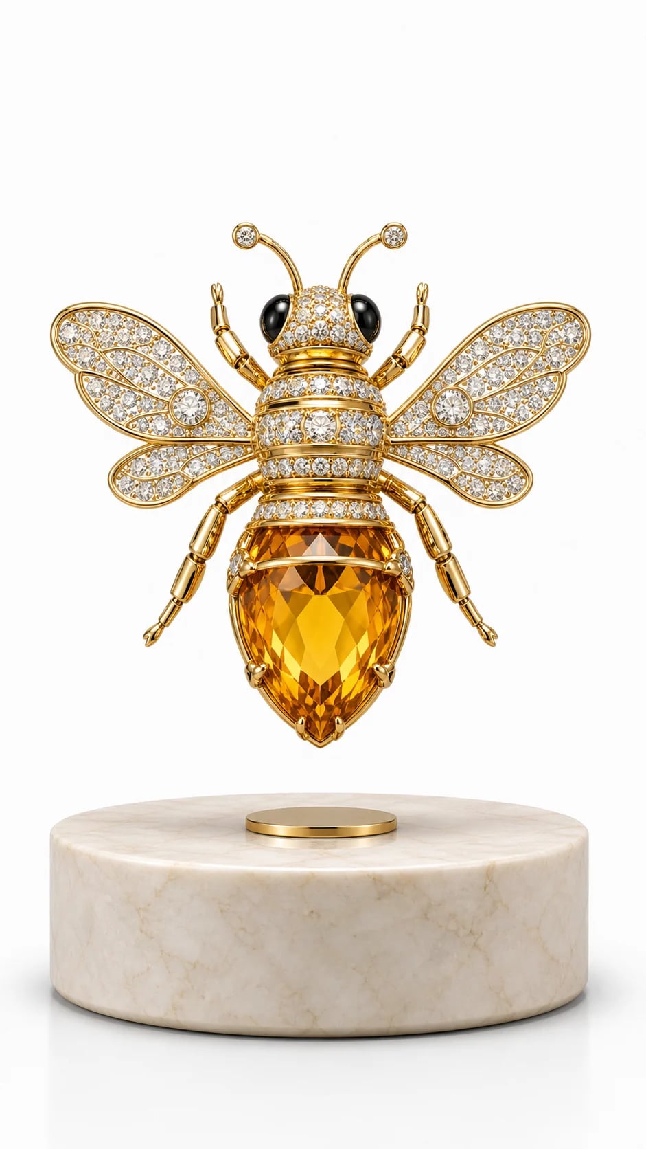 AMO Imperial Bee Objet with crystal-set wings and an amber gemstone body floating above a marble-look base