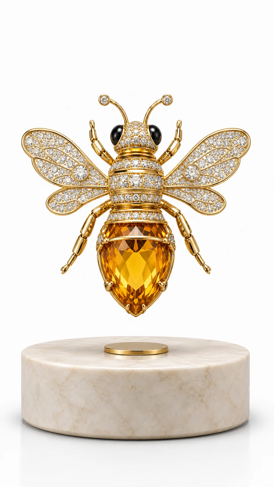 AMO Imperial Bee Objet with crystal-set wings and an amber gemstone body floating above a marble-look base