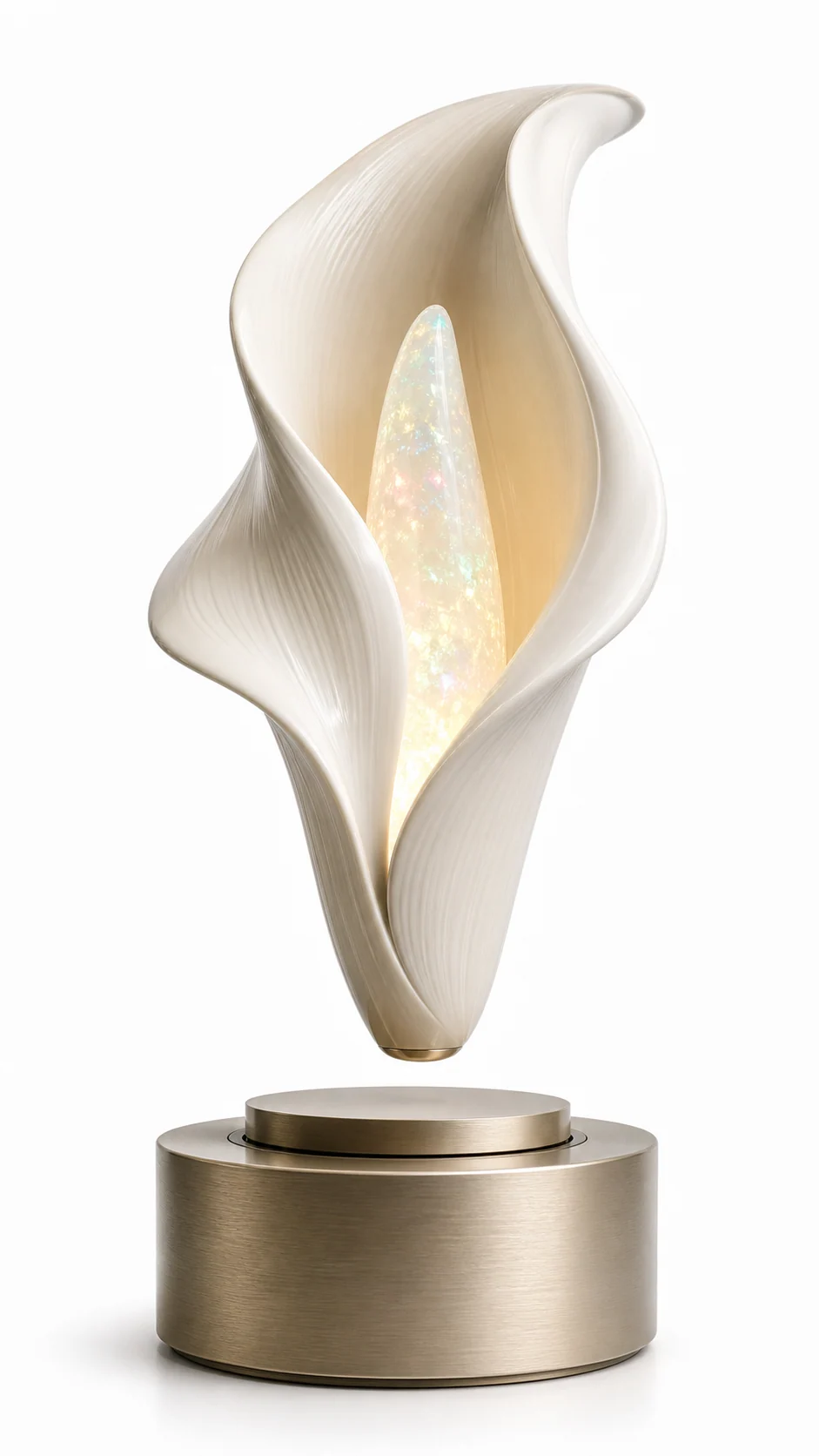 AMO Calla Aura Lamp with flowing ivory petal forms around a floating illuminated core above a brushed metal base