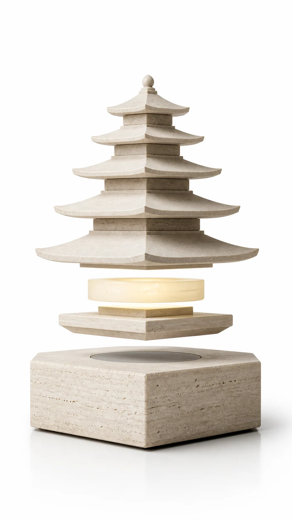 Pagoda-inspired levitating exhibition display with a glowing ring above a square stone base