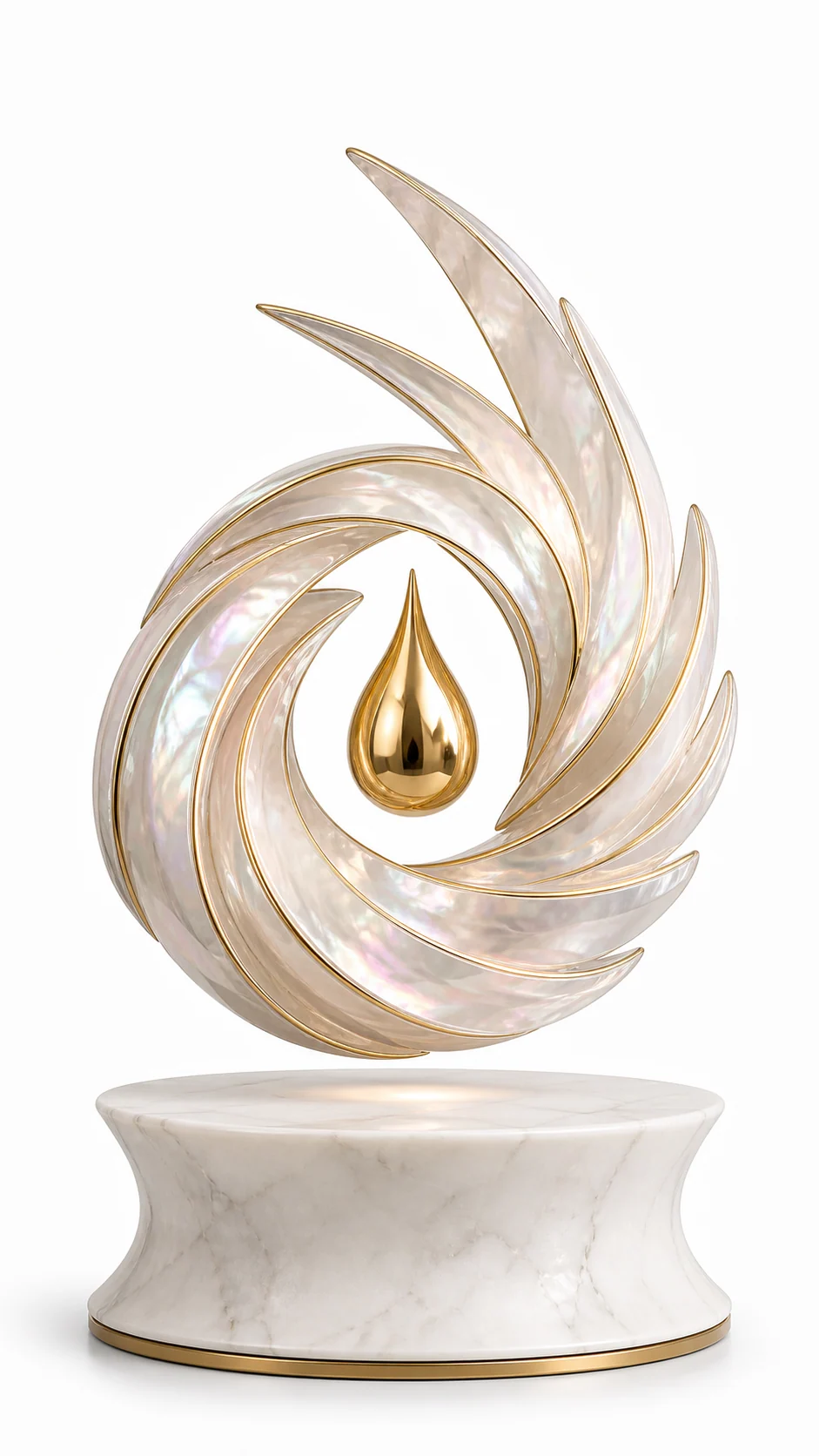 AMO Aureole Spiral Display with a pearlescent spiral body and a suspended polished gold drop above a marble-look base