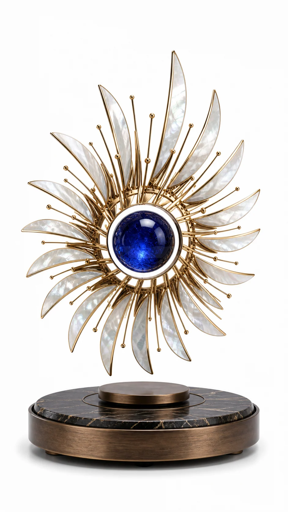 AMO Solaris Pearl Orbit with nacre-like radial blades, polished gold structure, and a floating cobalt center