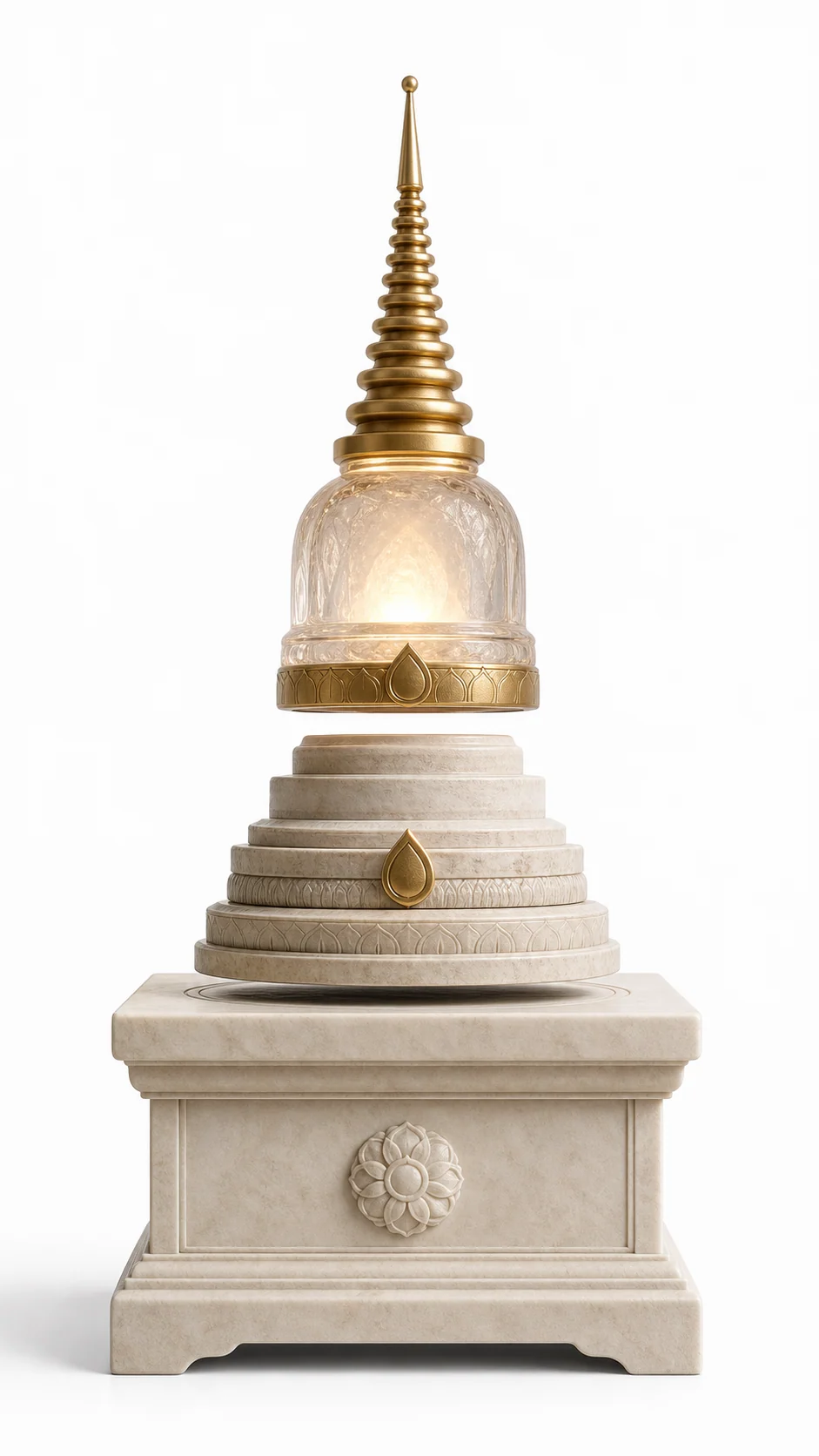 Floating lantern-style levitation lamp with etched glass chamber and tiered stone base