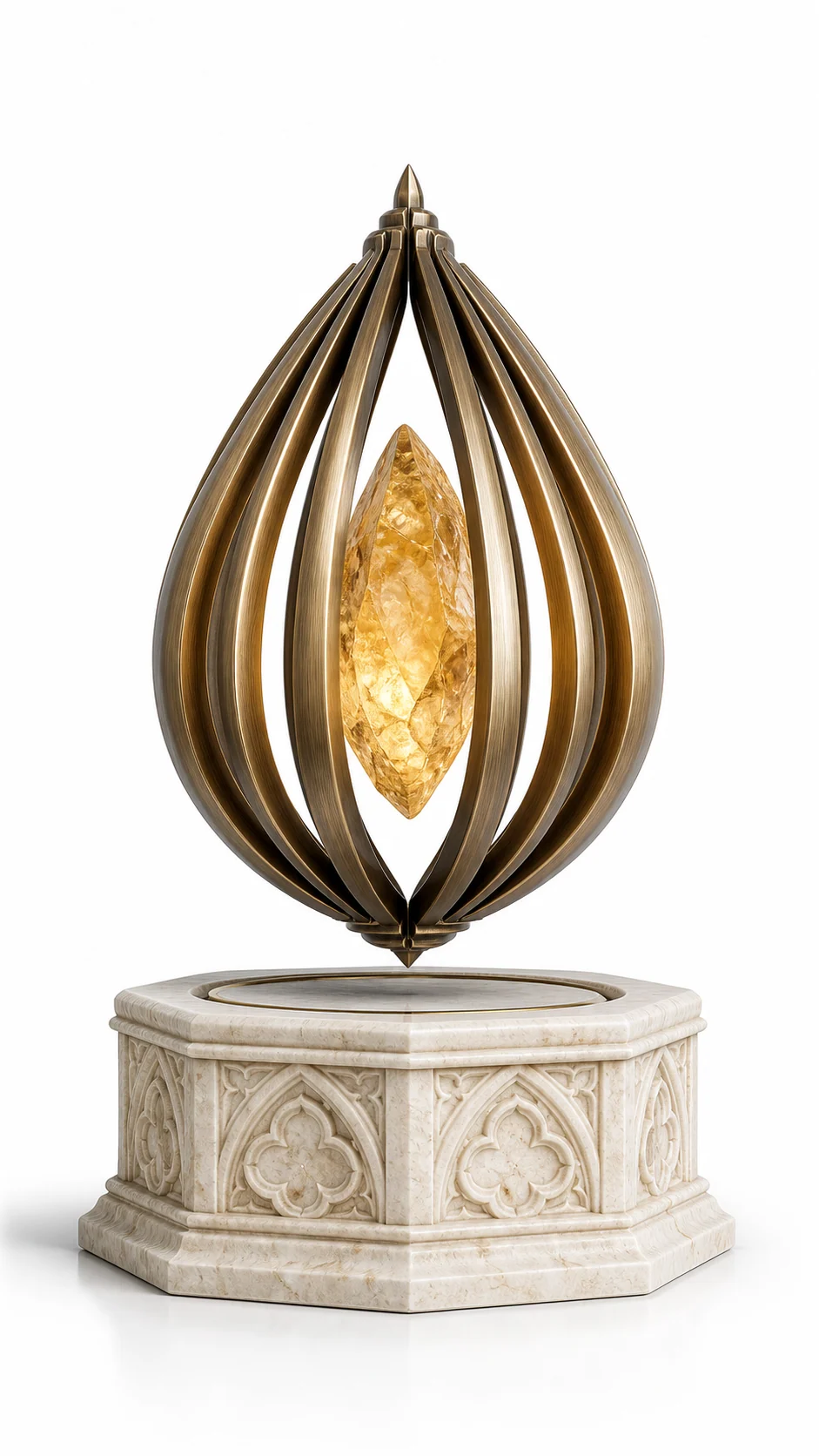 Bronze petal levitating display with a suspended amber crystal on a carved stone base