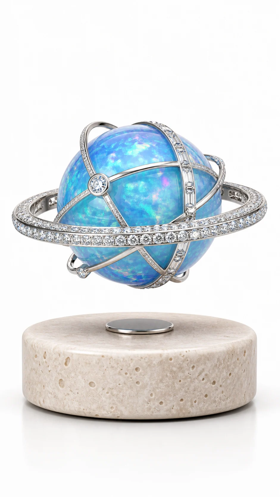 Blue opalescent levitating globe with jeweled silver orbital rings on a stone base