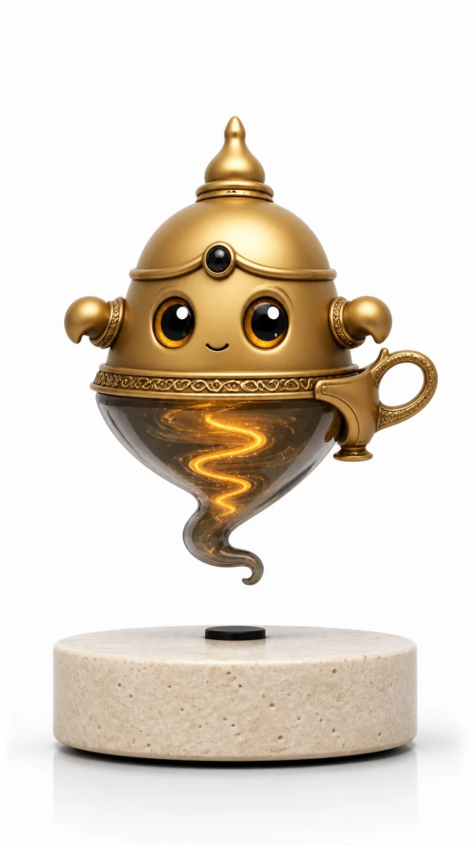 Gold whimsical levitating gift display with a transparent vortex lower chamber on a stone base
