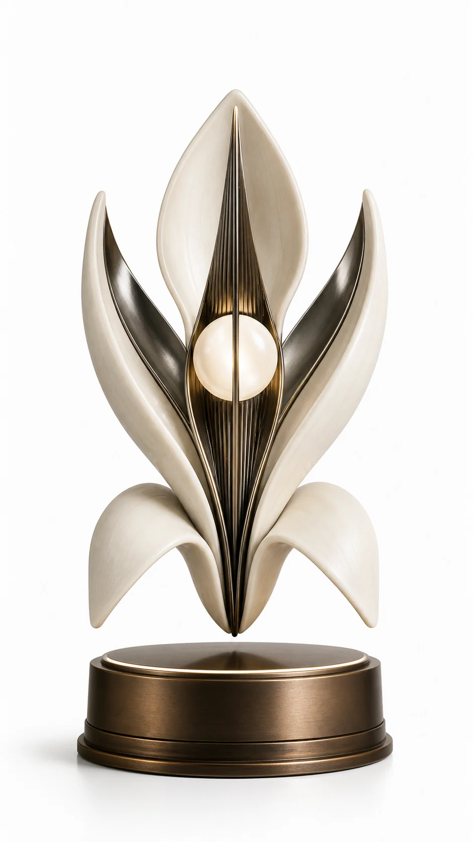 AMO Ivory Crest Lamp with ivory architectural shell forms, a bronze spine, and a glowing pearl-like center above a bronze base