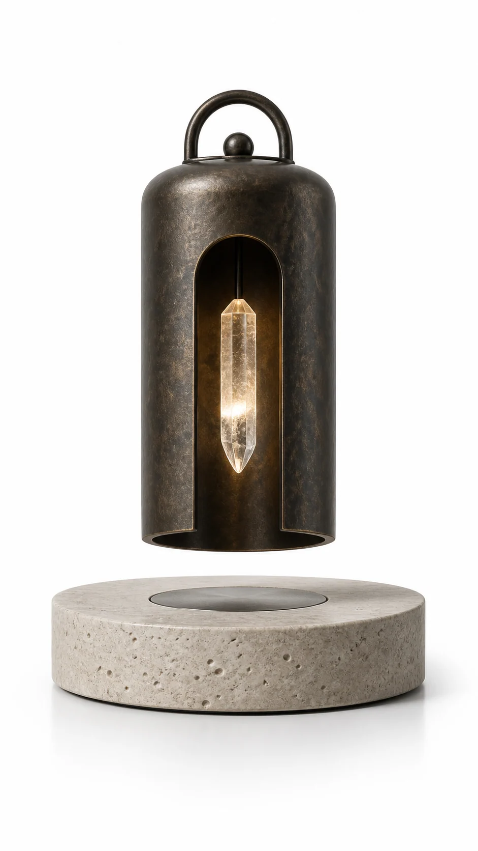 Dark cylindrical levitating lantern lamp with a glowing hanging crystal core on a stone base