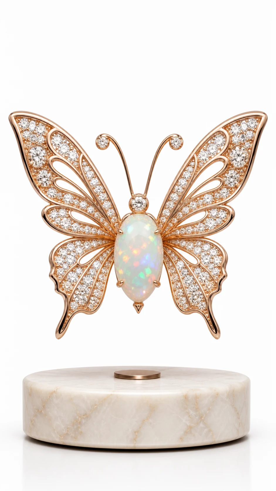 Rose-gold butterfly levitating emblem with crystal wings and an opal-like body on a marble base
