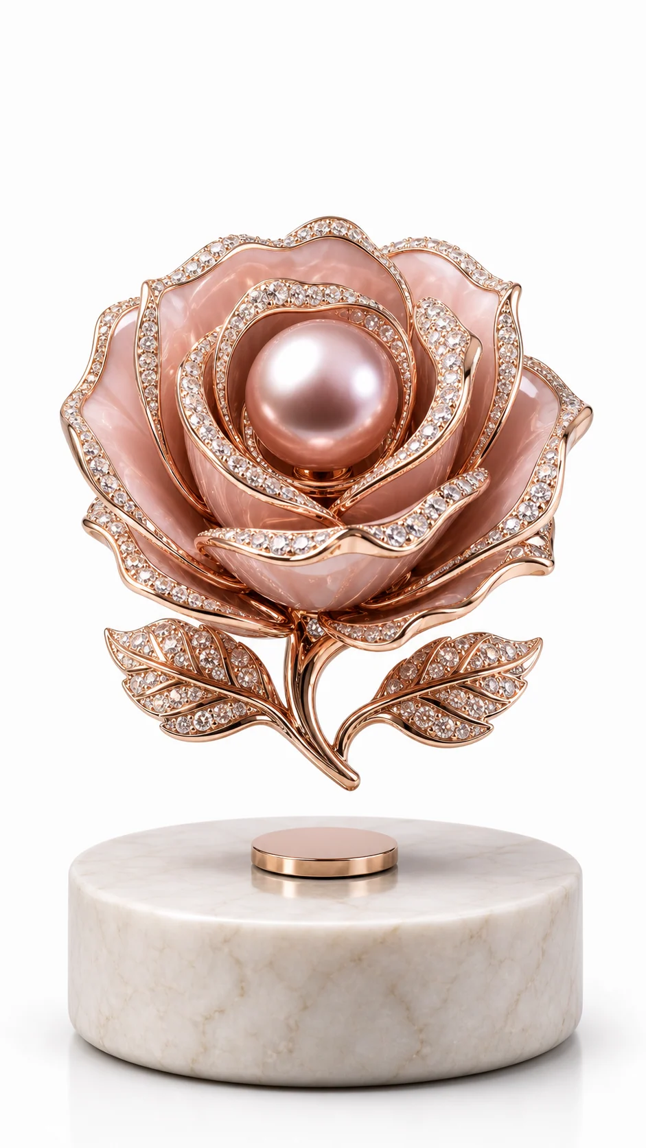 Rose-gold levitating rose display with a pearl center and jeweled petals on a marble base