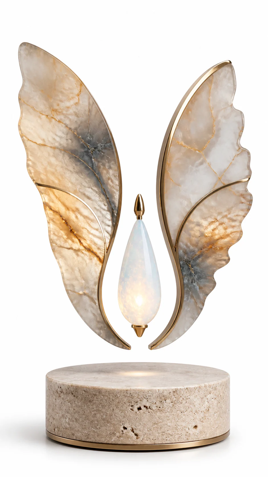 AMO Auric Wing Display with marble-veined wing panels and a floating opalescent center above a travertine base