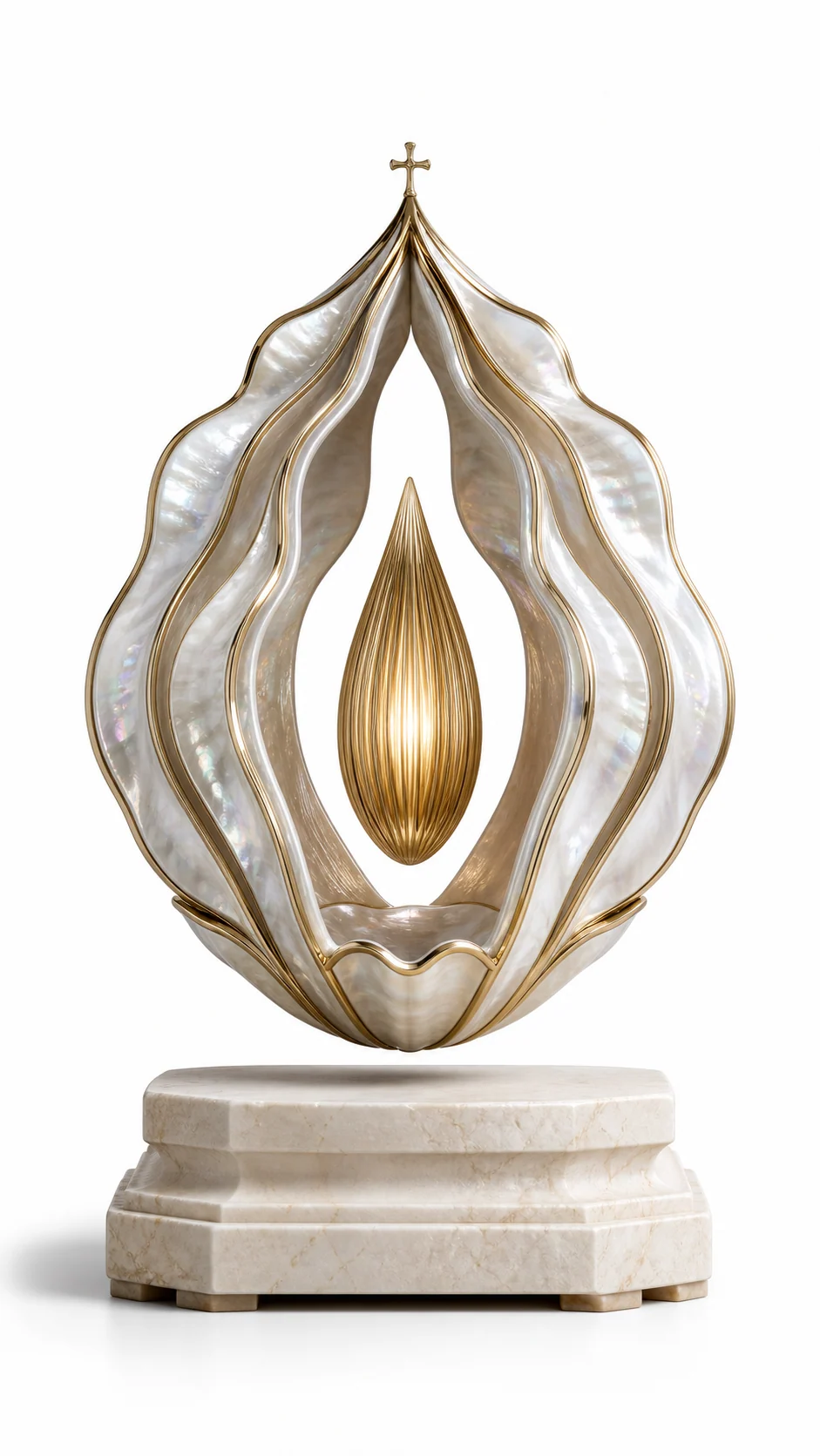 Iridescent shell-shaped levitating lamp with a glowing ribbed center on a stone pedestal