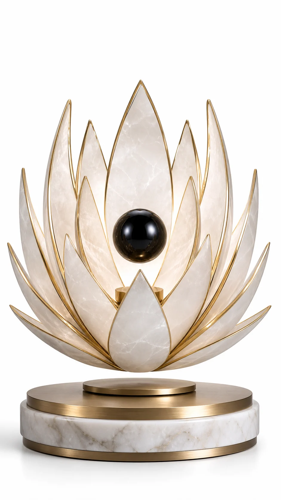 AMO Obsidian Lotus Display with illuminated lotus-like petals and a floating glossy black sphere above a marble-look base