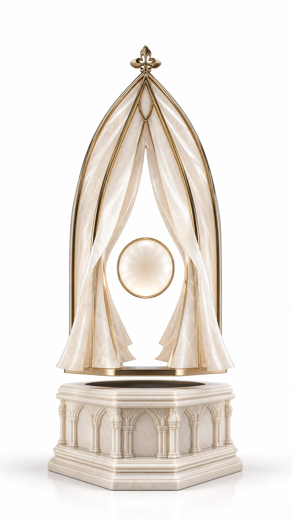 Gothic arch levitating display with translucent draped panels and a floating luminous orb