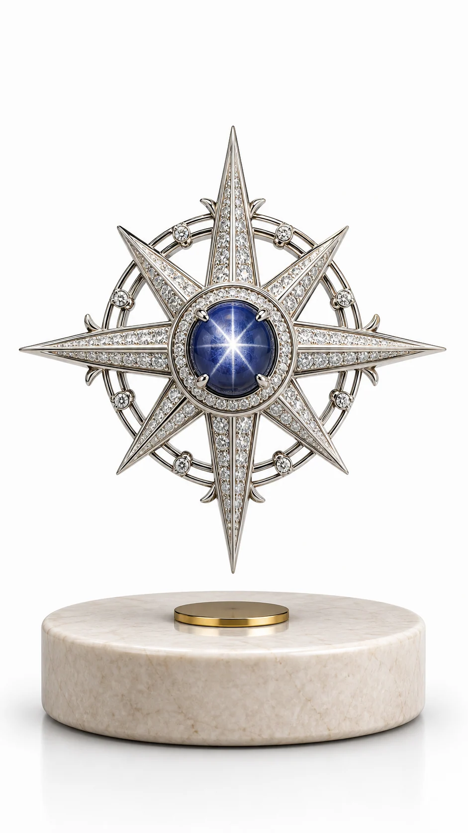 AMO Polaris Sapphire Compass floating display piece with a sapphire focal point for premium gifting
