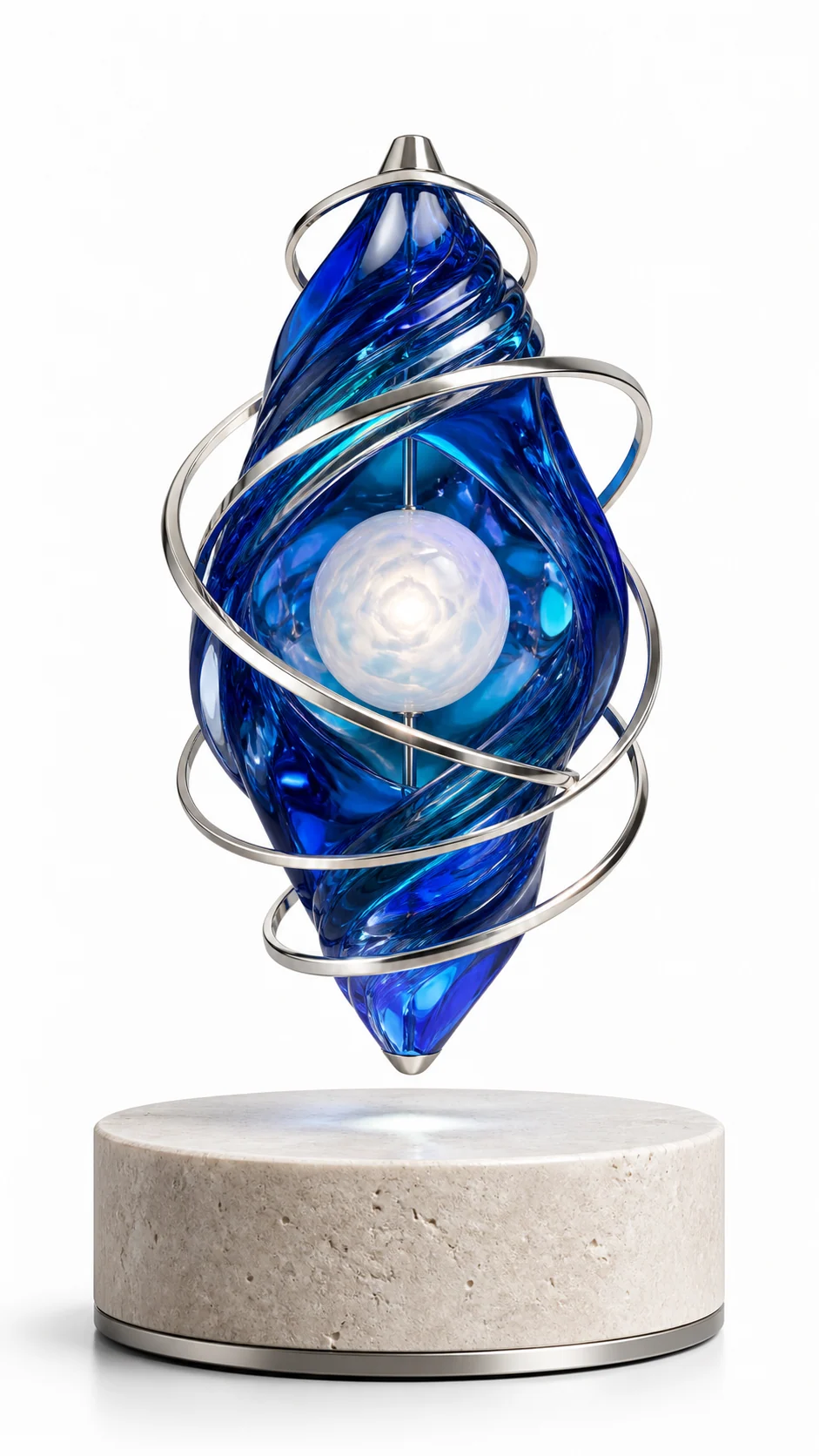 AMO Azure Orbit Display with a cobalt translucent body, silver orbital rings, and a luminous suspended pearl center
